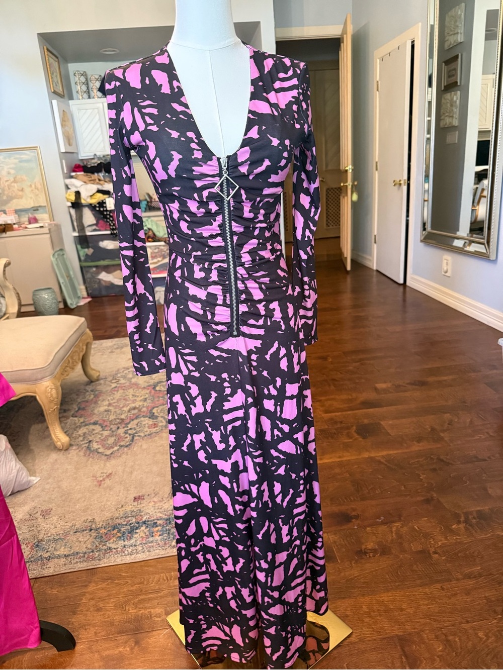 Long Sleeve Pink and Black Printed Maxi Dress with Front Zip